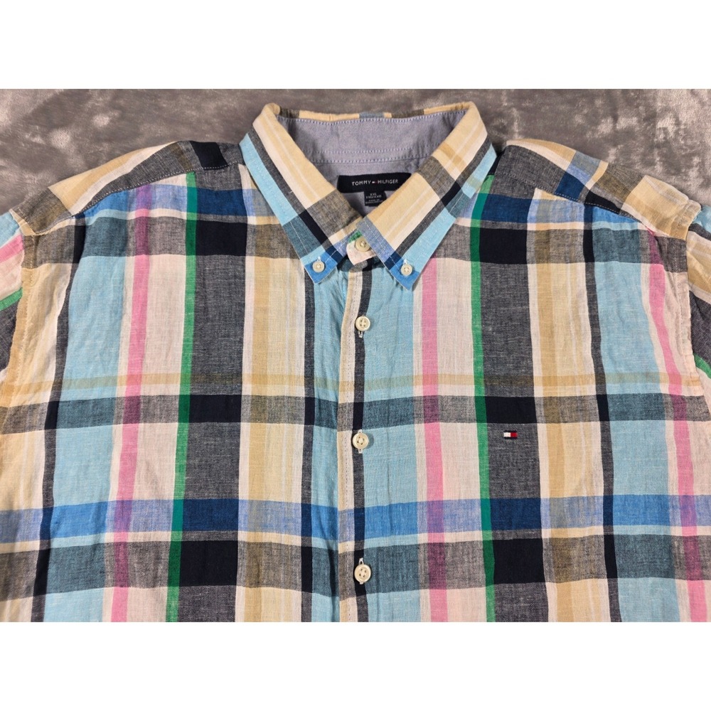 Tommy Hilfiger Button Down Shirt Mens XXL Madras Plaid Linen‎ Blend Short Sleeve